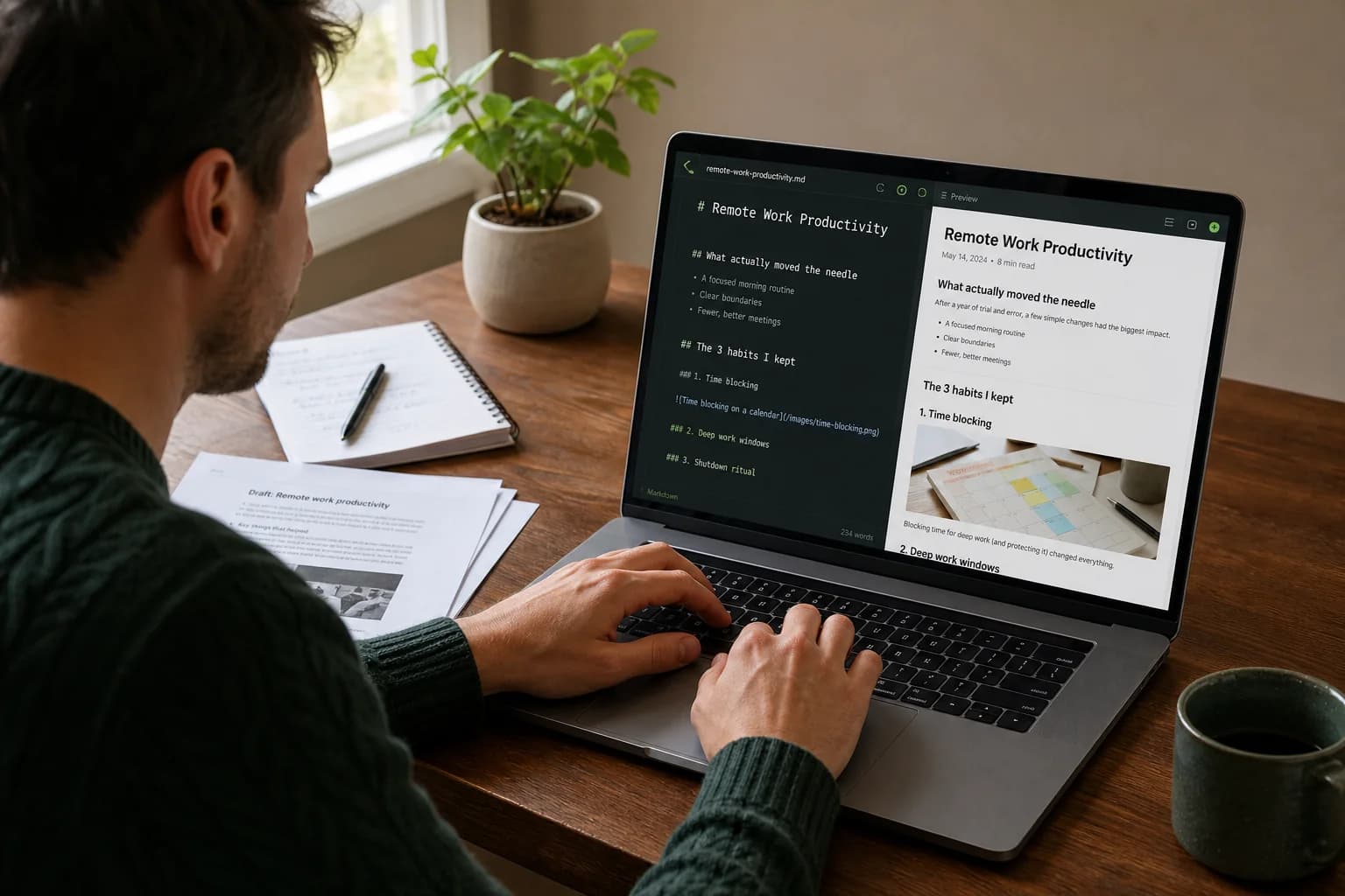 内容创作者在博客预览旁编辑转换后的 Markdown